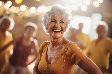 Old woman with flower shirt is happy in an indoor dance fitness class with retired friends, having fun enjoying, and celebrating, sunlight from the window - obrazy, fototapety, plakaty