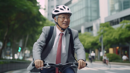 Fototapeta na wymiar Resilient Asian Senior Businessman Commutes to Work via Bicycle, Setting an Example with Safety Helmet on City Roads