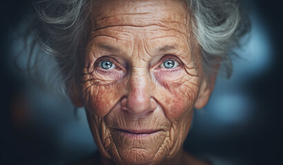 A radiant old senior woman with winkles in a smile smirk expression looking at the camera, blurred lights in the background - obrazy, fototapety, plakaty