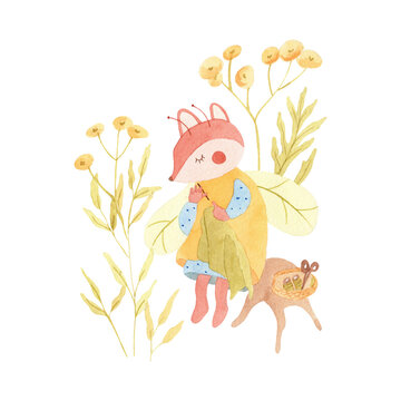 Sewing fox elf sitting on the stump in the forest around yellow wildflowers - watercolor children's hand drawn illustration on white background