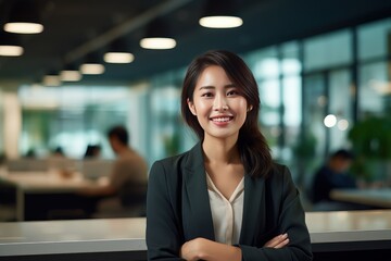 Fototapeta premium Portrait of a Beautiful Businesswoman in Modern Office, Asian Manager Looking at Camera and Smiling, Confident Female CEO Planning and Managing Company.