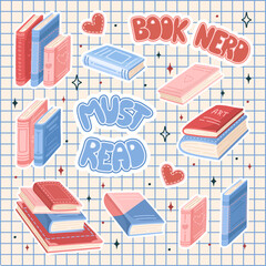 Set of book stickers. Lettering, and stacks of books to read in a flat design style. Book nerd. World Book Day. Vector.