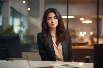 Fototapeta premium Portrait of a Beautiful Businesswoman in Modern Office, Asian Manager Looking at Camera and Smiling, Confident Female CEO Planning and Managing Company.