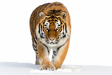 a tiger walking through the snow in the daytime