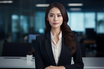 Fototapeta premium Portrait of a Beautiful Businesswoman in Modern Office, Asian Manager Looking at Camera and Smiling, Confident Female CEO Planning and Managing Company.
