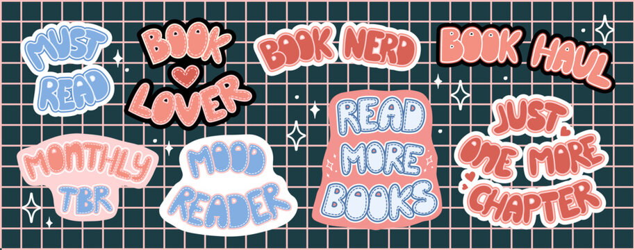 Set of book stickers. Lettering: Book nerd, Book lover, Must read, Read more books, etc. Books friends. World Book Day. Vector.