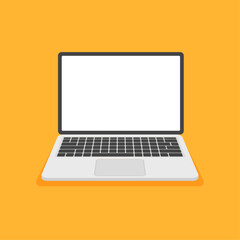 Laptop front view. White screen display. Computer mock up. Vector illustration in flat style isolated on yellow background.