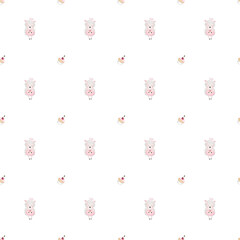 hand-drawn seamless pattern with cute lambs and baked goods. cake, croissant, cookie and berry on light colors. lovely pattern for baby textile, wrapping paper for bakery, coffee shop, kids cafe