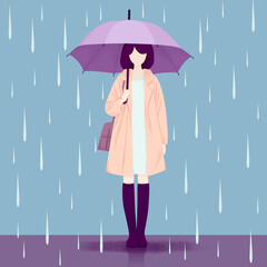 雨の中、傘をさす女性