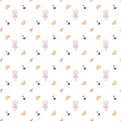hand-drawn seamless pattern with cute lambs and baked goods. cake, croissant, cookie and berry on light colors. lovely pattern for baby textile, wrapping paper for bakery, coffee shop, kids cafe
