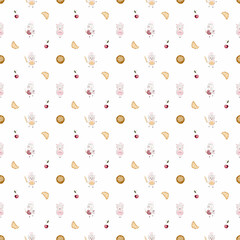 hand-drawn seamless pattern with cute lambs and baked goods. cake, croissant, cookie and berry on light colors. lovely pattern for baby textile, wrapping paper for bakery, coffee shop, kids cafe