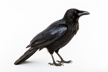 a black bird standing on a white surface