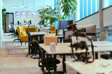 Empty modern glass startup office the space exudes a sleek and innovative atmosphere, ready to be filled with the potential of entrepreneurial endeavors
