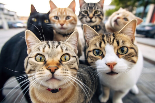 Cats taking a selfie on a blurred background. A group funny cats, Generative AI
