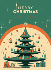 Xmas modern design with Christmas tree, ball, star decoration and gifts boxes. Christmas card, poster, holiday cover or banner