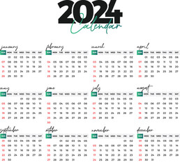 Calendar 2024 template vector, calendar Planner 2024 year, Wall calendar 2024 year, Week Starts Sunday, 12-month calendar, print media, advertisement vector illustration