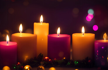 burning colorful christmas candles in the colourful christmas decoration bokeh background	