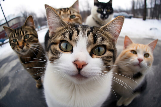 Cats taking a selfie on a blurred background. A group funny cats, Generative AI