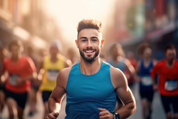 Fototapeta premium Male Running Marathon with other Runners on a Street of Modern City. Handsome Young Man Running for Healthy Life.
