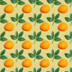 Pattern of oranges and leaves. Citrus fruits mandarins, still life, food background.