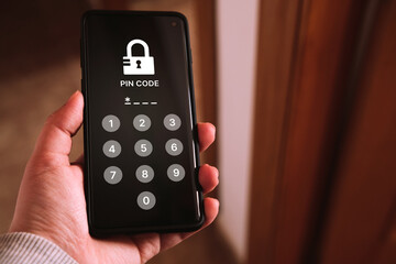 Woman accessing smartphone with pin code. Cyber security concept. Hacking and phishing topic. Mobile phone password access. Online threats. Lock screen.