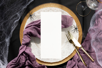 Halloween 4x9 menu card mockup on plate with golden cutlery 