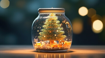 A tree figurine and a fallen jar full of christmas ornaments on marble surface. Generative Ai - obrazy, fototapety, plakaty