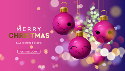 Merry Christmas sale banner with pink colorful baubles sparkle in blur bokeh effect pink background. 