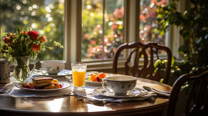 Fototapeta na wymiar A serene scene of a Thanksgiving morning, with sunlight streaming through curtains onto a dining table set for a special holiday breakfast