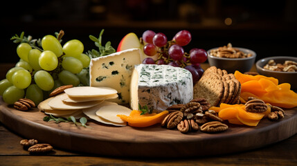 A rustic Thanksgiving appetizer platter featuring artisanal cheeses, nuts, fruits, and crackers, presented on a wooden board