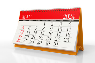May 2024 Calendar. Isolated on white background. 3D Illustration - obrazy, fototapety, plakaty