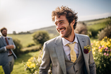 Groom happy in an outdoor wedding in green fields with flowers. Wearing a grey suit with yellow tie and handkerchief. Family and friends blurred in the background.