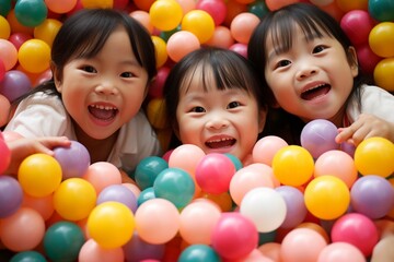Fototapeta na wymiar Happy Asian little children playing with colorful balls in playground