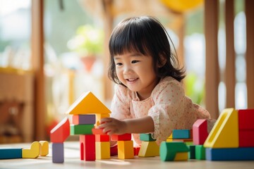 Happy Asian children playing with colorful wooden toy blocks at home