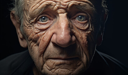An old senior man with winkles in a sad expression looking at the camera with heartbroken feeling 