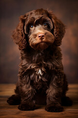 Adorable chocolate color puppy, animal companion or dog adoption concept