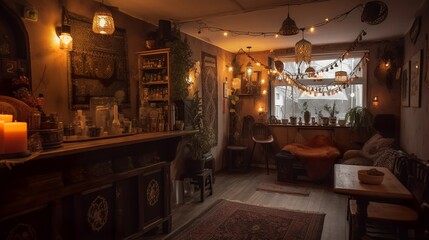 Fototapeta na wymiar Cozy industrial-style specialty coffee house interior with warm lights 