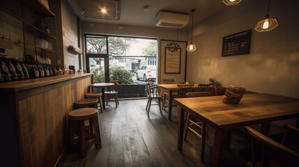 Comfy and warm specialty coffee house interior with brick walls and bright spacious room 