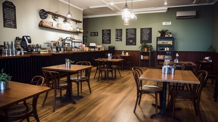 Fototapeta na wymiar Scandinavian and boho style cafe interior with natural vibe 