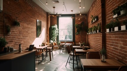 Cozy urban specialty coffee shop with industrial vibe and brick wall 