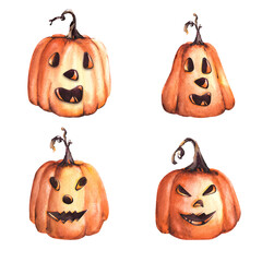 Pumpkin halloween set. Watercolor illustration scary face. Hand drawn Halloween jack pumpkin head element. Isolated on white background. Design for print, stickers, cards, logos