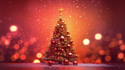 Christmas Tree With Ornament And Bokeh Lights In Red Background. Generative Ai