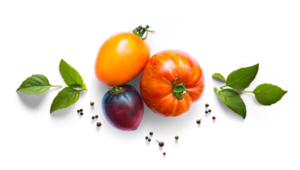 Fotobehang Collection of fresh organic tomatoes and basil herb leaves. mediterranean salad with basil herbs and tomato on a white table. PNG Food background design element with real transparent shadow on transpa © Konstiantyn
