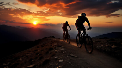 Fototapeta premium MountainBiker hiking on mountain. Extreme Sports and Mountain Bike photos. Ai generative.