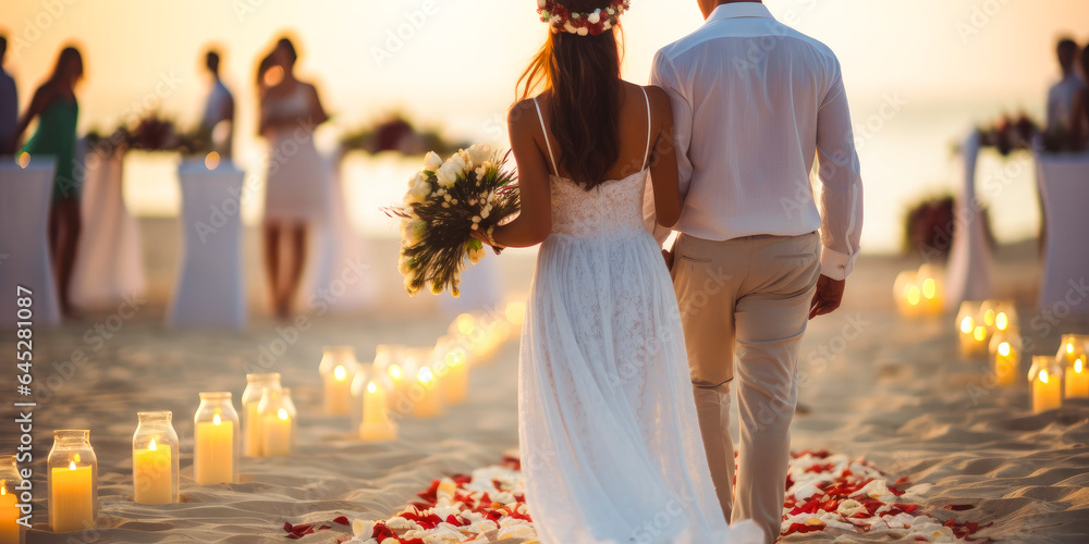 Wall mural groom and bride about to get married on a beautiful beach at sunset - beach wedding ceremony concept - Wall murals