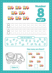 Activity worksheets for kids education with many exercises. Learning numbers. Number 8. Trace, color, counting concrete mixers games on one page