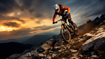 Naklejka premium MountainBiker hiking on mountain. Extreme Sports and Mountain Bike photos. Ai generative.