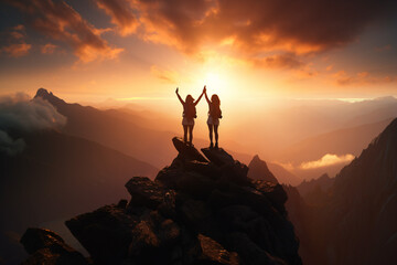 Silhouette of two women on the top of a mountain after climbing and hiking during sunset Sun in the background.. hard work and success