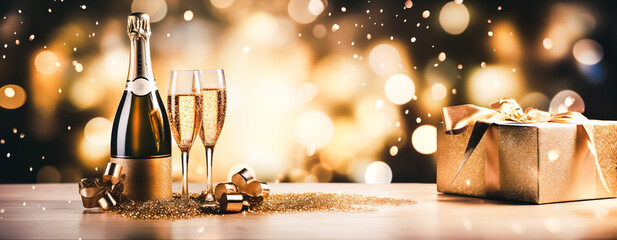 champagne with celebration ornaments on desk.beverage and anniversary or festival background.light gold luxury design