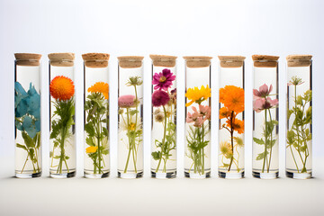 Test tubes with flowers in the laboratory. Concept of floratherapy, Bach flowers and alternative medicine